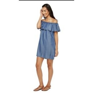 Tommy Bahama Chambray Off The Shoulder Ruffle Dress Blue Size Large